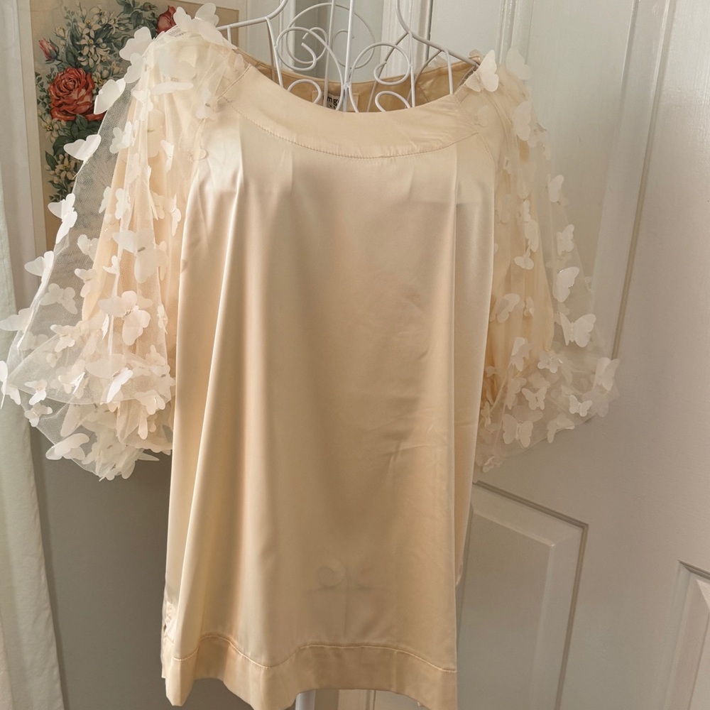 Umgee Butterly Applique  mesh sleeve Satin blouse